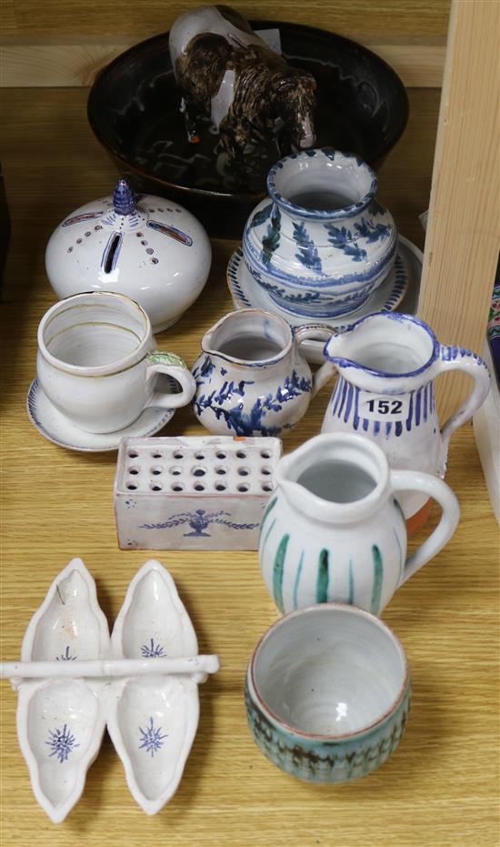 A group of tinglaze Studio pottery, some stamped FRR and a slipware dish
